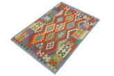 Flat Weave Kilim Antique Navaho Vintage handmade Geometric Kilim Rust Blue Hand-Woven Rectangle 100% Wool Area Rug 3x5